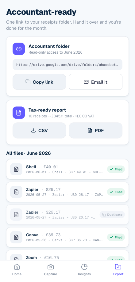 ChaseBot export — accountant-ready folder and report